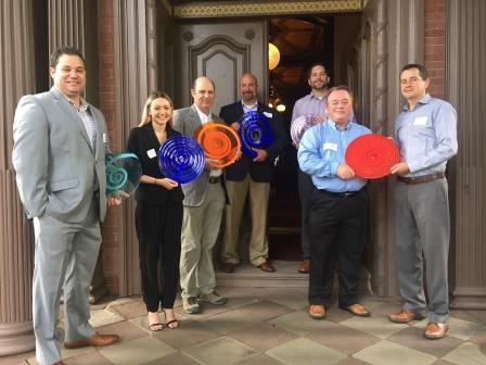 From left, those who accepted awards at CONSTRUCT 2017 included Pat Penza, on behalf of VaproShield; Heather Marter, Axalta; Brian O’Farrell, for ECL Engineered Coatings; Mark Thomas, Tnemec; Josh Poole, Tremco; and Jim Gildea and Bill Bellicoe, Sika Corp.