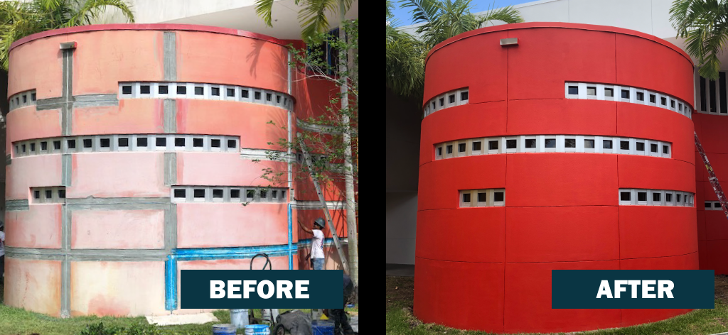 Before (left): After five years in the hot Florida sun, the paint on the building’s exterior had faded, chalked and deteriorated. After (right): The bold, rich color of the new coating system is expected to stand up to years of damaging UV rays. Photos courtesy of APV Engineered Coatings